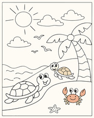 Fototapeta premium Turtles and Crabs Having Fun on the Beach Coloring Page. Easy to color, Kids Coloring Sheet