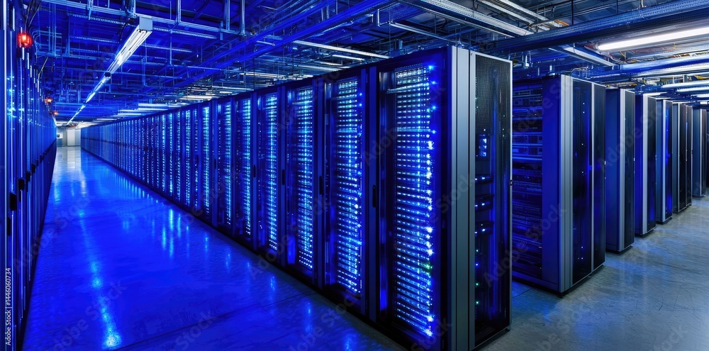 Poster Endless rows of glowing server cabinets in a high-performance data corridor, perfect for AI server farms, futuristic tech, or cloud computing visuals