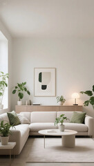 Sleek and Simple Living Room with Neutral Palette and Greenery