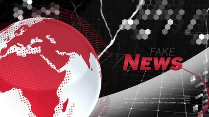 Stylized digital globe being visualized on left, combining red halftone with fake news text on grid - Powered by Adobe