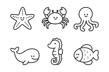 Cute Sea Animals Line Art Illustration 