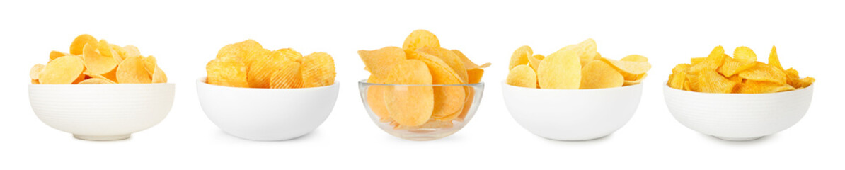 Delicious crispy potato chips in bowls isolated on white, collage