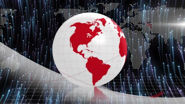 3D globe spinning over digital grid floor showing red continents and floating pixel map dots