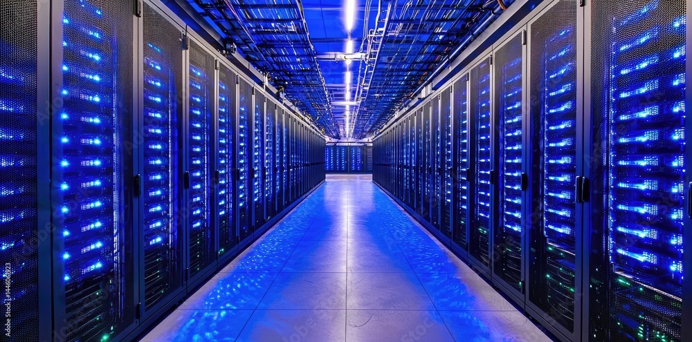 Aufkleber Server hallway with illuminated racks and overhead lighting, ideal for IT management, cloud infrastructure visuals, and advanced data processing themes