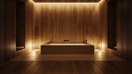Modern spa bath room interior design with warm wood accents.