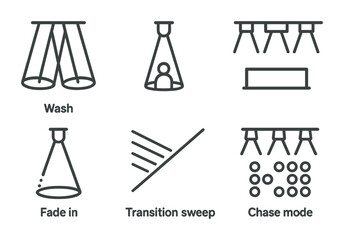 Event lighting control outline icons &ndash; linear style for stage design and lighting effects: spotlight, stage light, beam, scene transition, chase mode, fade in