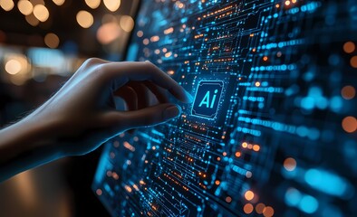  Human Hand Interacts with Virtual Intelligence Icon on Digital Network in Blue Futuristic Interface