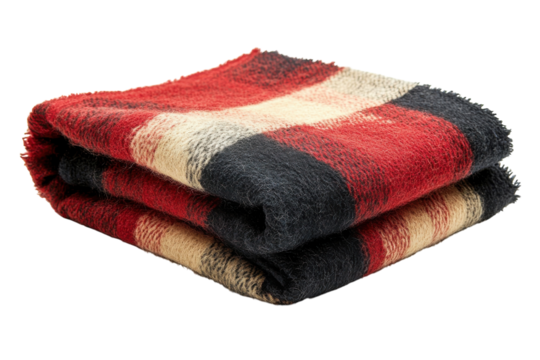 Cozy red and black plaid throw blanket soft texture folded neatly on white background Perfect for