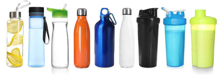 Different water bottles and shakers isolated on white, set