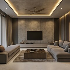 Modern, sophisticated living room interior design.