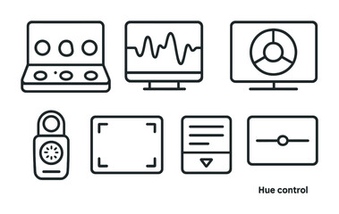 Audio and sound engineering line icons set – outline style for music production, podcast, and recording: mixer, waveform, speaker, recorder, soundboard, frequency meter.
