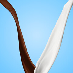 Chocolate and milk flows in air on light blue background