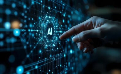  Human Hand Interacts with Virtual Intelligence Icon on Digital Network in Blue Futuristic Interface
