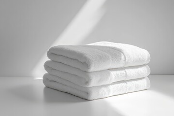 Soft white towels neatly stacked bathed in sunlight spa like luxury fresh and clean fluffy bath