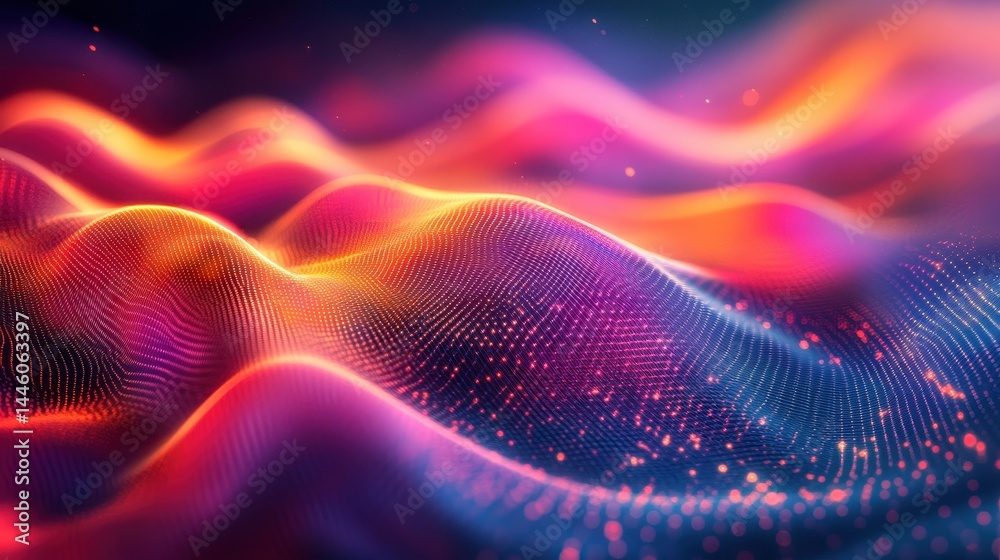 Poster Vibrant wave patterns create a mesmerizing visual experience in a colorful digital landscape with rich textures and flowing forms