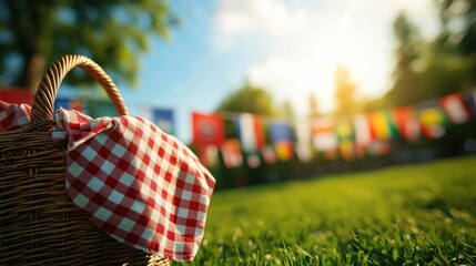 Wicker picnic basket with red checkered cloth on lush green lawn