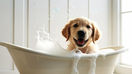 Playful puppy enjoys bubbly bath in white tub, surrounded by floating bubbles and bright light from window, creating cheerful atmosphere
