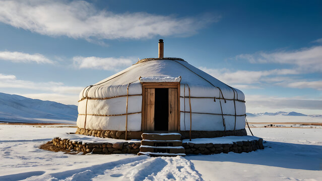 A traditional mongolian ger or yurt surrounded by snow in a winter landscape with mountains and blue sky.