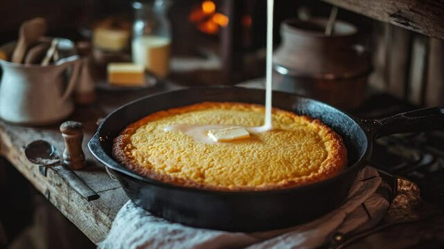 Creamy cornbread in cast iron skillet, butter melting on top