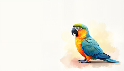 Fototapeta premium Colorful parrot standing against a soft watercolor background 