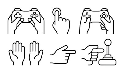 Fototapeta premium Interactive gaming icons set – outline style for game development, ux, and ui design: game controller, touchscreen, joystick, dynamic gestures, pointing finger.