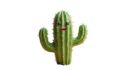 Cheerful cartoon cactus with smiling face isolated on transparent background for fun design use