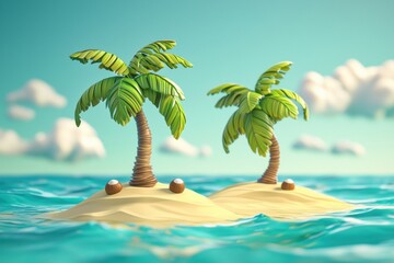 Obraz premium Tropical paradise scene with palm trees sandy islands turquoise waves