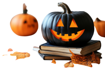 Spooky black jack o lantern on old books autumn leaves Halloween scene soft lighting rustic