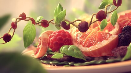 labels flying around a plate of glowing superfoods