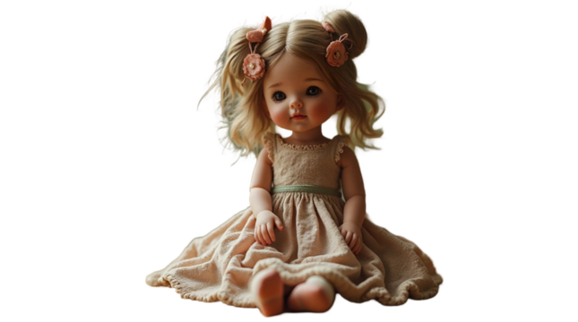 Vintage porcelain doll sitting on a table, isolated on transparent background for versatile design use