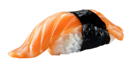 Close up of a single piece of salmon nigiri sushi on a  transparent background with high contrast lighting 