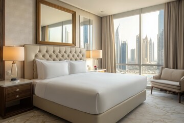 Luxurious bedroom with tufted headboard, city skyline view, and elegant mirror reflecting natural light