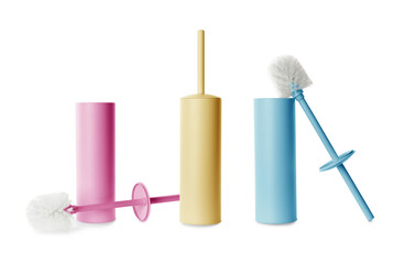Toilet brushes with color holders on white background, set