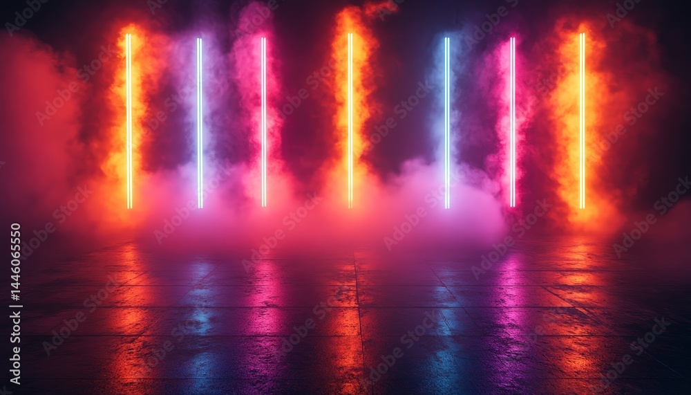 Poster colorful light beams illuminate a foggy space during an artistic event at an indoor venue in the eve