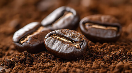 Close-up of Dark Roasted Coffee Beans on Ground Coffee