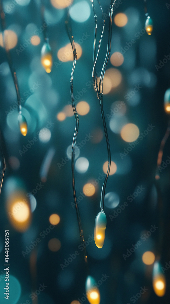 Poster teal background with glowing lights hanging from thin, curved wires, creating a dreamy, ethereal amb