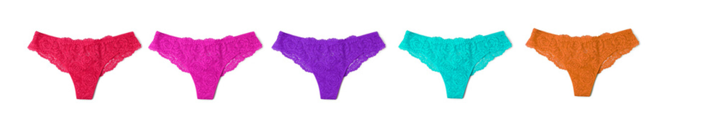 Beautiful women's panties in different colors on white background, set
