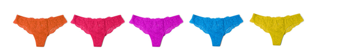 Beautiful women's panties in different colors on white background, set