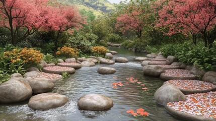 Serene stream flows through lush garden, petals adorn rocks