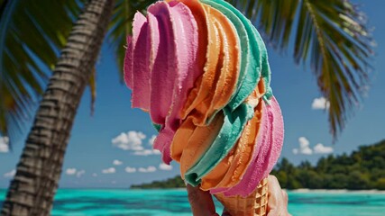 Vibrant rainbow ice cream cone on tropical beach paradise - Powered by Adobe