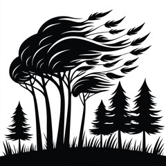 Silhouette Forest Tall Trees Bending in Strong Wind, Evergreen Trees, Grassy Ground
