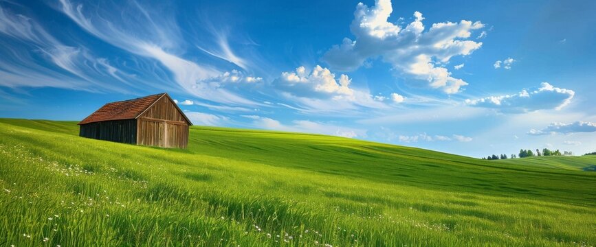 Rural spring landscape. Rural landscape with green field, blue sky and wooden hunting shack , South Moravia, Czech Republic  125 --v 6.0 - Image #4 @kashif320