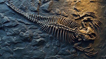 Naklejka premium Fossilized scorpion-like creature in dark rock.