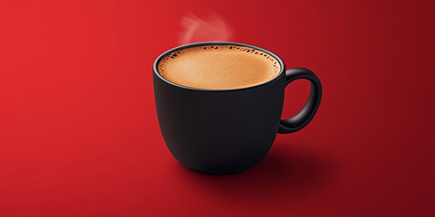 Black mug of hot coffee on red background Steam rises from the surface, conveying warmth and comfort