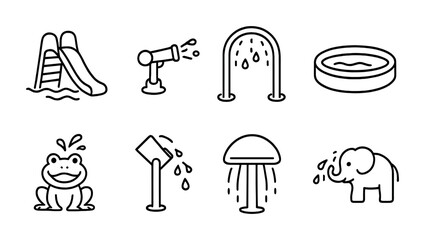 Kids water play outline icons – fun aquatic adventure and recreation symbols for summer activities: slide, water cannon, splash pad, wading pool, frog, water sprinkler, mushroom, elephant.