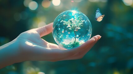 Person holding a crystal orb, dreamy atmosphere, glimmers of light, nature background, evokes magic and wonder, text space available.
