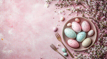 Brightly colored Easter eggs are placed in decorative positions on a pink surface with small wooden bunnies celebrating the fun and creativity of the Easter season.