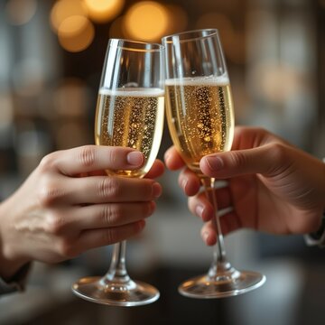 Dos manos brindando con copas de champ&aacute;n en una celebraci&oacute;n de cerca