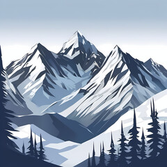 Illustrative scene of snow-covered mountain peaks under a tranquil, clear blue sky in winter.