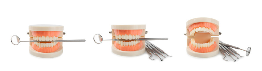 Dentist tools isolated on white background. Dentist Concept.Teethcare, dental health concept. Means to care for the oral cavity. Dental model and dental equipment. Dental hygiene. 